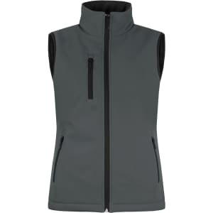 A softshell vest in dark green featuring a zip front, two side pockets, and a chest pocket. It has a logo.