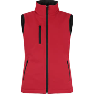 A red softshell vest featuring a full zip, two side pockets, and a chest pocket. It has a logo on it.