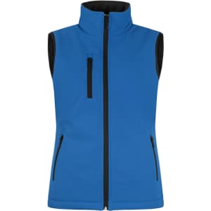 A blue softshell vest with a high collar and zippered pockets, featuring a black interior. It has a logo on it.
