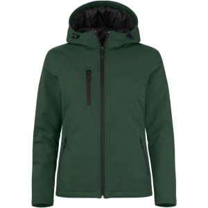 A green softshell jacket featuring a hood, zippered front, and multiple zippered pockets. It has a branding logo.