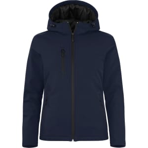 A navy softshell jacket for ladies, featuring a hood and multiple zippered pockets. Includes branding on the design.