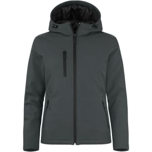A dark green softshell jacket with a hood and zippered pockets, featuring a logo on the chest.