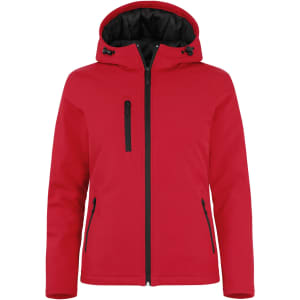 A red ladies softshell jacket featuring a black hood, zippered pockets, and a clean design. It has a logo on the front.
