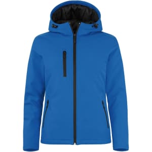 A blue softshell jacket with a hood, featuring a black lining and zippered pockets, along with a branding logo.