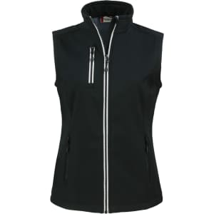 A black softshell vest with a high collar, featuring zippered front pockets and a central zip closure.