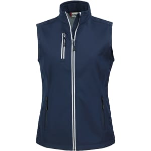 A navy softshell vest with a high collar, featuring two zippered side pockets and a zippered chest pocket.