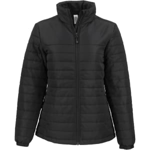A black puffer jacket with a zip front and high collar, featuring stitched padding and a logo.