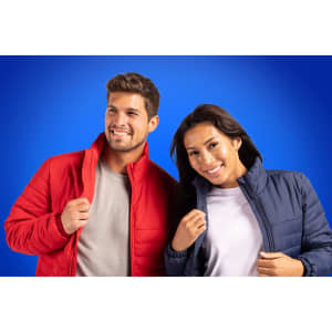 A red and a navy puffer jacket displayed on models against a blue background, both featuring logos.