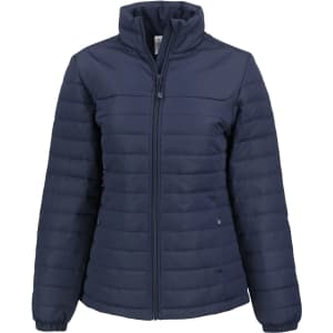A navy blue eco puffer jacket with a zip front and high collar, featuring a logo on the left side.