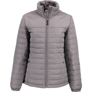 A grey puffer jacket with a zip front and high collar, featuring a logo and side pockets.