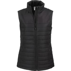A black eco puffer vest with a zip front and high collar, featuring a logo. Ideal for layering.