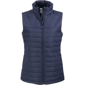A navy blue eco-friendly puffer vest with a high collar and zippered front, featuring a logo.