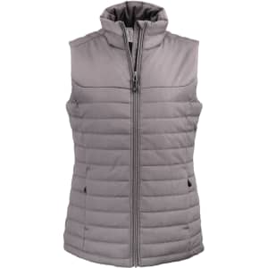 A grey eco puffer vest with a high collar, zip front, and side pockets. Features a logo on the design.