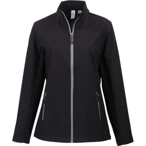 A black ladies soft shell jacket with a front zip and two side pockets, featuring a collar and a logo.
