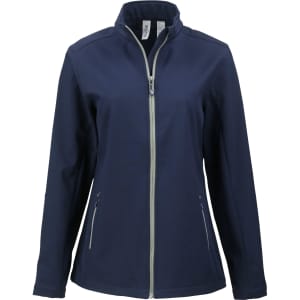 A navy soft shell jacket with a front zipper and two side pockets, featuring a logo.