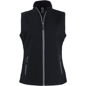 A black eco stretch vest featuring a zip front and two side pockets, with a contrasting grey zipper.