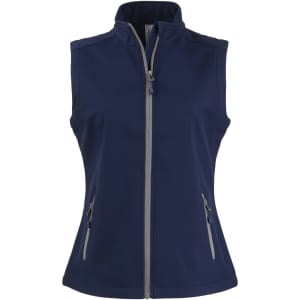 A navy eco stretch vest with a high collar, front zip, and two zippered pockets. It features a logo.