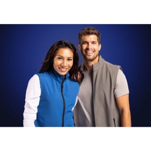 A blue eco stretch vest and a grey vest are worn by a man and a woman, both smiling. The image features branding.