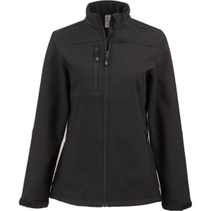 A black ladies' softshell jacket featuring a zippered front and pockets, with a logo on the upper left.