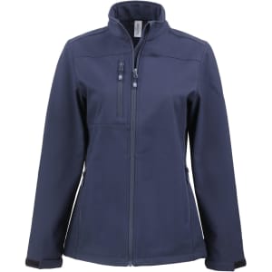 A navy blue ladies' softshell jacket with a zippered front and pockets, featuring a logo on one side.