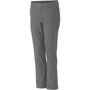 A pair of grey sport pants with a straight leg design and a front pocket. Features a waistband with button closure.