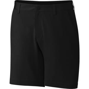 A pair of black sports shorts featuring a classic cut and front pockets, with a logo on the waistband.