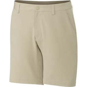 Khaki sport shorts with a tailored fit, featuring pockets and a logo. Suitable for athletic activities.