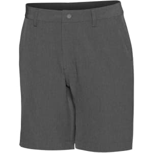 A pair of grey sports shorts with a flat front, pockets, and a waistband. Features a logo.