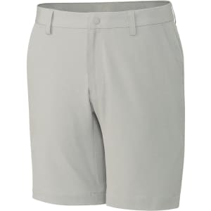 Light grey sports shorts featuring a waistband and pockets, with a logo on one side.