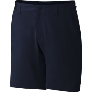 Navy sports shorts with a button closure, featuring pockets and a logo detail on the waistband.