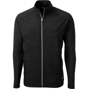 A black full zip jacket with long sleeves and a sleek design, featuring a logo on the front.
