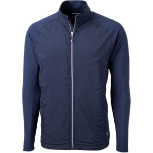 A full zip jacket in navy blue with long sleeves and a branding logo on the side.