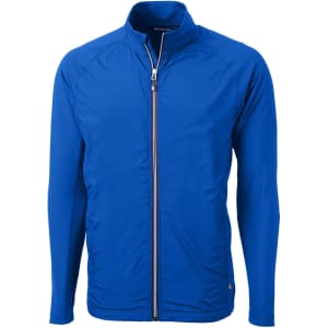 A blue men's full zip jacket featuring long sleeves and a logo on the chest. Suitable for various casual occasions.