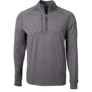 A grey half zip jumper with a chest pocket and a logo. Designed for men's casual wear.