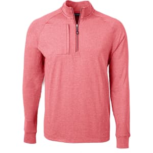 A red half-zip jumper with long sleeves and a chest pocket, featuring a logo on the front.