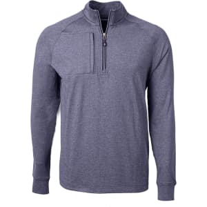 A grey half-zip jumper featuring a chest pocket and long sleeves, designed for men. Includes a logo on it.