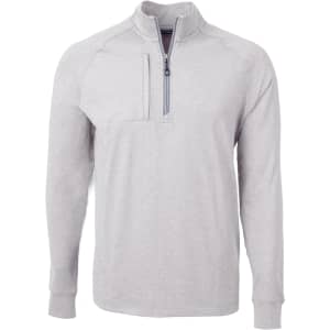 A light grey men's half zip jumper with a chest pocket and a branded logo. Ideal for casual wear.