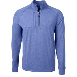 A blue half-zip jumper featuring a front pocket and a logo on the chest. Suitable for men's wear.