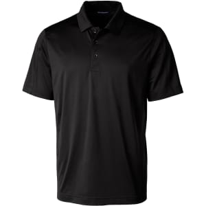 A black polo shirt with a collar, short sleeves, and a logo on the chest.