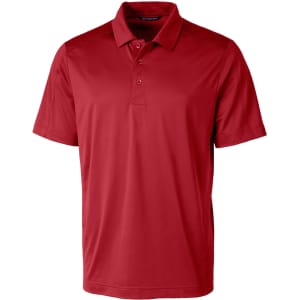A red polo shirt with a collar and short sleeves, featuring a logo on the chest.