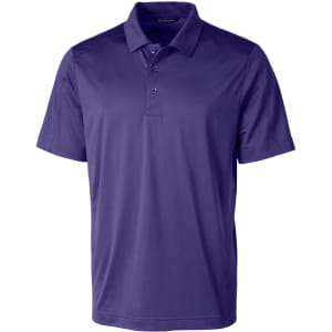 A purple polo shirt featuring a collar and buttons, designed for men and includes a logo.