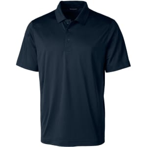 A dark navy polo shirt featuring a collar, buttons, and short sleeves, with a logo on the chest.