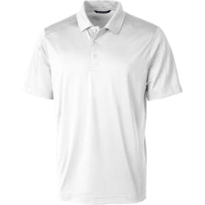 A white polo shirt featuring a collar and three buttons, showcasing a simple design with a logo.