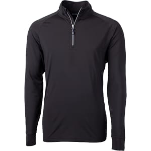 A black long-sleeve half-zip jumper with a stand collar and a zipper at the neck. Features a logo on the chest.