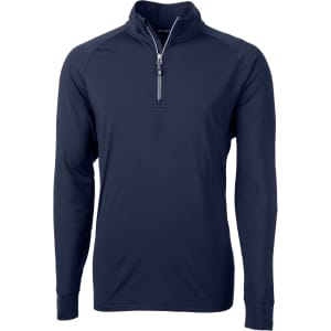 A navy half zip jumper featuring long sleeves and a front zipper. The product includes a logo.