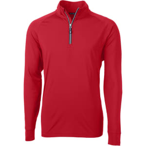 A red half-zip jumper for men with long sleeves and a branding logo.