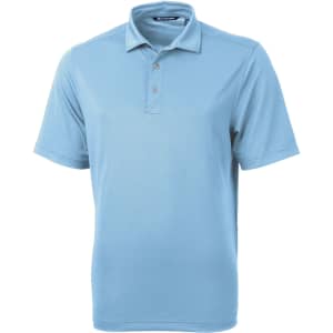 A light blue men's polo shirt with a collar, short sleeves, and a three-button placket. Contains a logo.