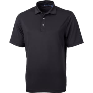 A black men's polo shirt with a three-button placket and a collar, featuring a logo on the chest.