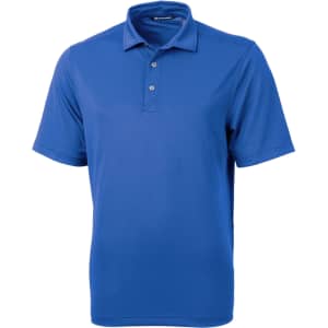 A blue men's eco pique polo shirt with a collar and three-button placket, featuring a logo.