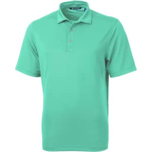 A green men's polo shirt featuring a collar and three buttons, with a logo on the chest.